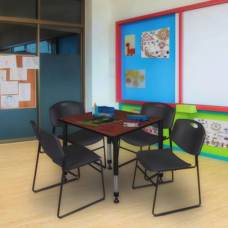 30 in. Square Height Adjustable Classroom Table - Cherry & 4 Stack Chairs- Black