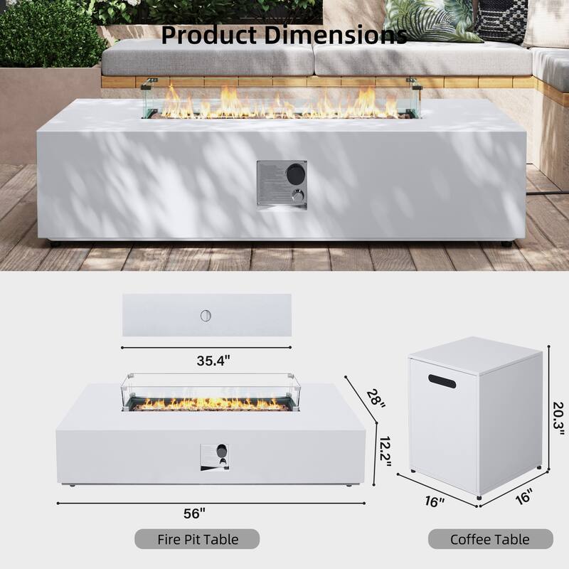 Patio Watcher Outdoor 56in. Rectangular Iron Fire Pit Table with Propane Tank Cover and Glass Wind Guard