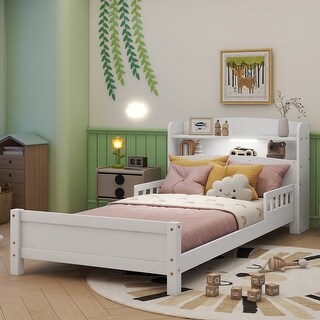 Twin Pine Wood Bed with Bookcase Headboard, LED Motion Sensor Light, Guardrails, White