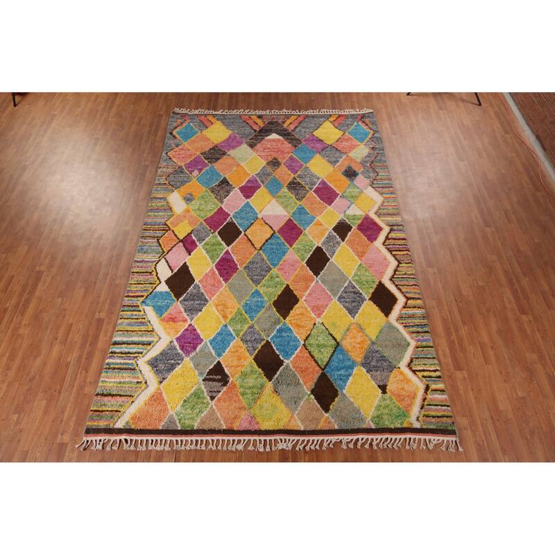 Colorful Trellis Plush Moroccan Area Rug Hand-Knotted Wool Carpet - 8'5" x 13'1"