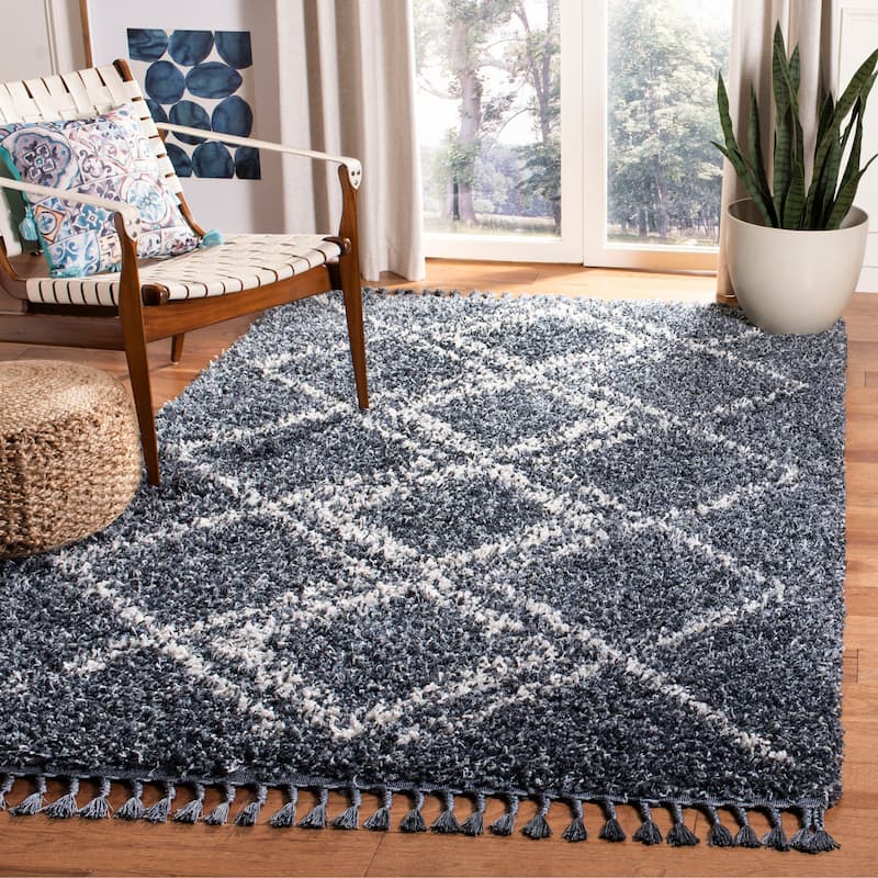 SAFAVIEH Pro Lux Shag Nazmije Moroccan Tassel 2.4-inch Thick - 3' x 5' - Blue/Cream - Runner/Rectangle