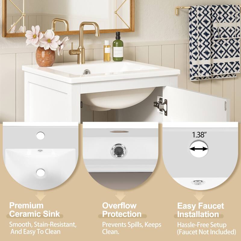 18" Small Bathroom Vanity with Ceramic Sink, Freestanding Storage Cabinet with Soft Close Drawer and Door, Adjustable Shelf