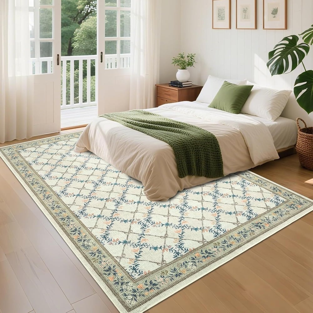 Floral Neutral Washable Hallway Low Pile Area Rug for Bedroom, Living Room, Sage Green - 2' x 3'
