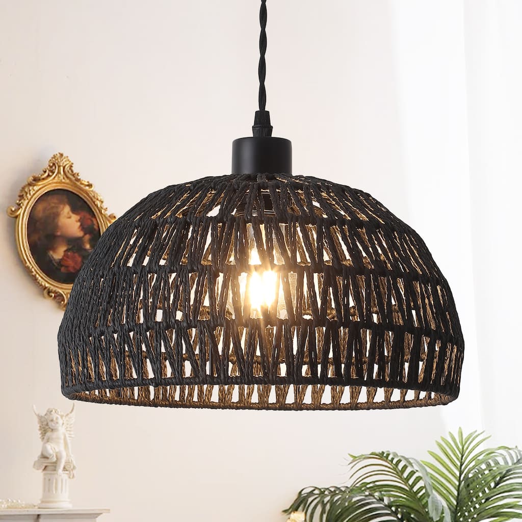 Plug in Handwoven Hemp Rope Lampshade Pendant Light with On/Off Switch