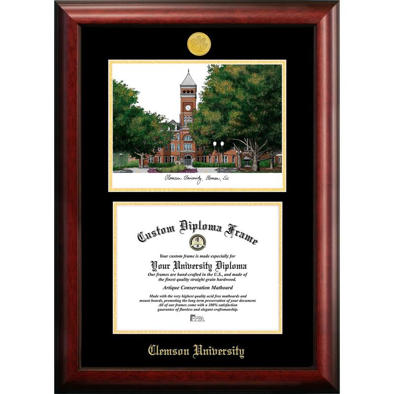 Clemson University 11w x 8.5h Gold Embossed Diploma Frame with Campus Images Lithograph
