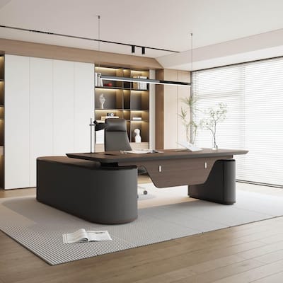 Sit & Stand Adjustable Height L Shaped Executive Desk with File Cabinets Drawers Universal Charging Ports