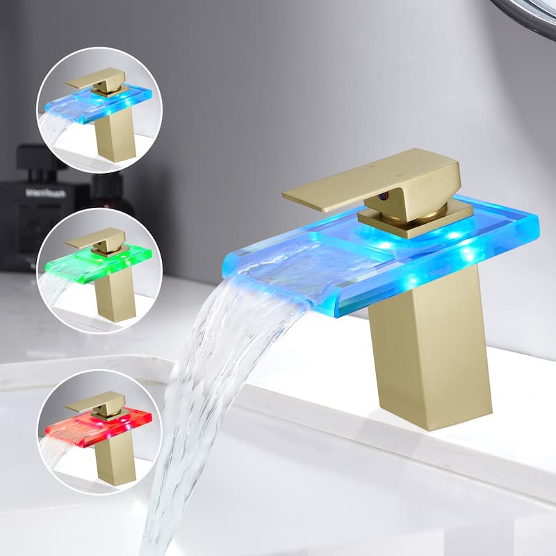 Bathroom Sink Faucet LED Light Changing Waterfall Glass Spout Mixer Single Handle One Hole Deck Mounted Bathroom Faucet