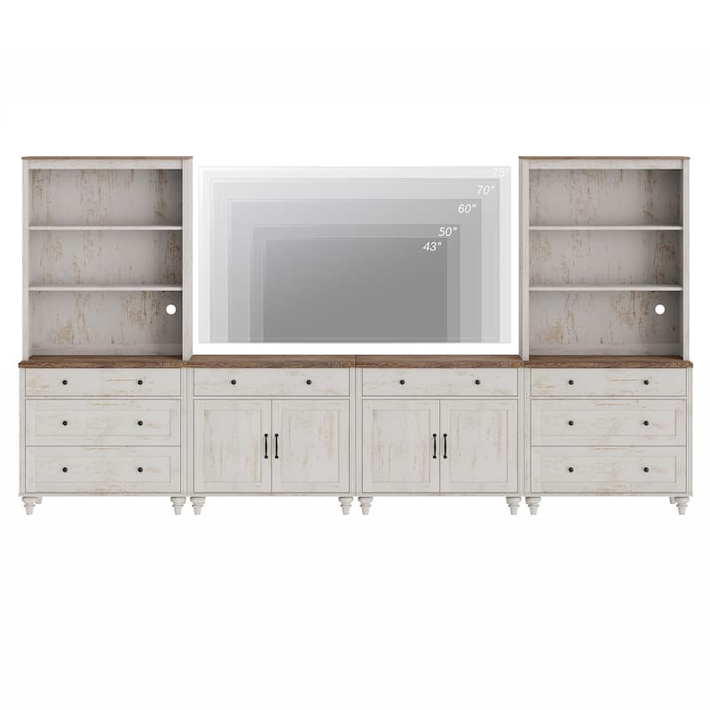 Rustic White Farmhouse TV Stand with Wooden Doors & Drawers