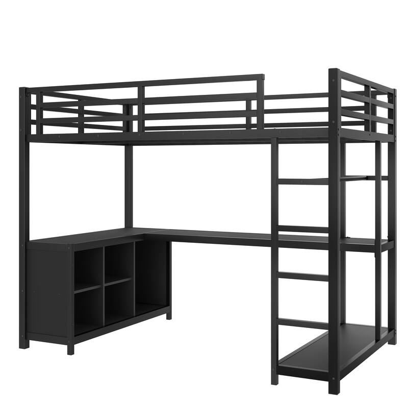 Twin/Twin XL Metal Loft Bed with Wardrobe & L-Shaped Desk - Loft Bed with Storage Cubes & Shelves for Teens, Adults