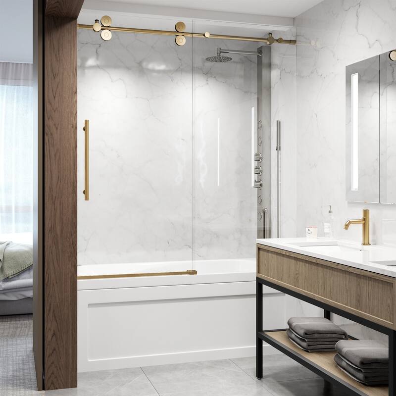 VIGO Elan 56" to 60" W x 66" H Frameless Sliding Tub Door - Matte Brushed Gold