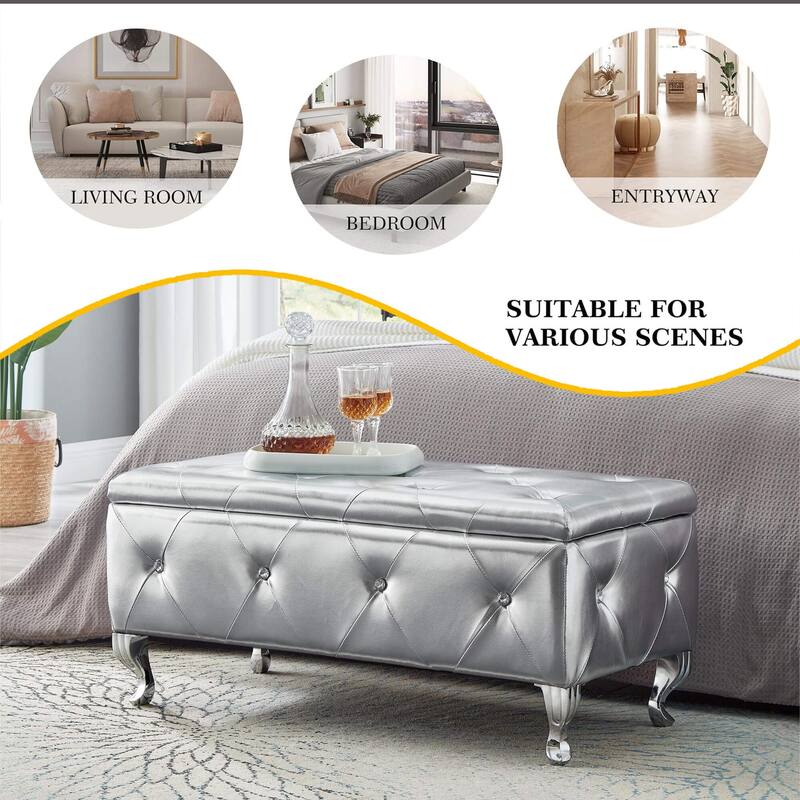 38.5" Upholstered Storage Bench with Wood Legs, Safety Hinge, and 380lb Seating Capacity