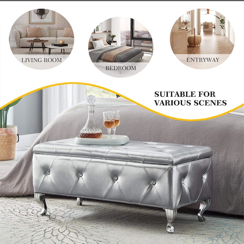 Silver Faux Leather Upholstered Storage Ottoman Bench with Crystal Buttons