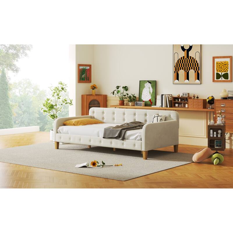 Modern Velvet Upholstered Daybed with Four Wood Support Legs.