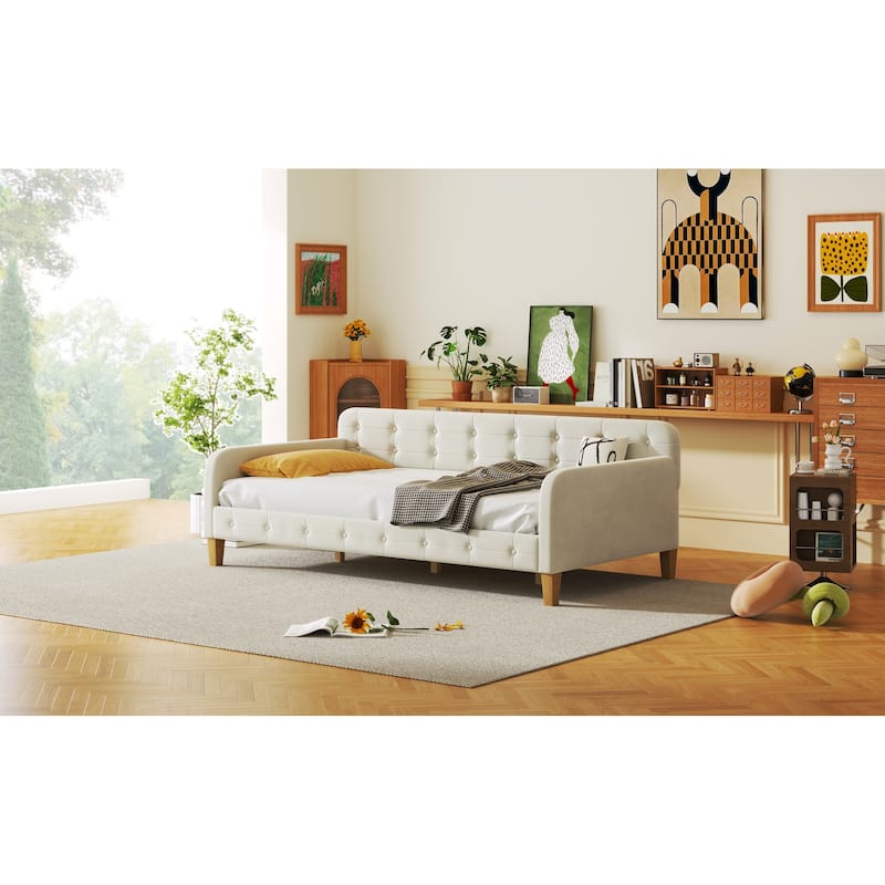 Twin Size Velvet Upholstered Daybed with Slatted and 4 Wooden Support Legs, Button Backrest Platform Bed Frame