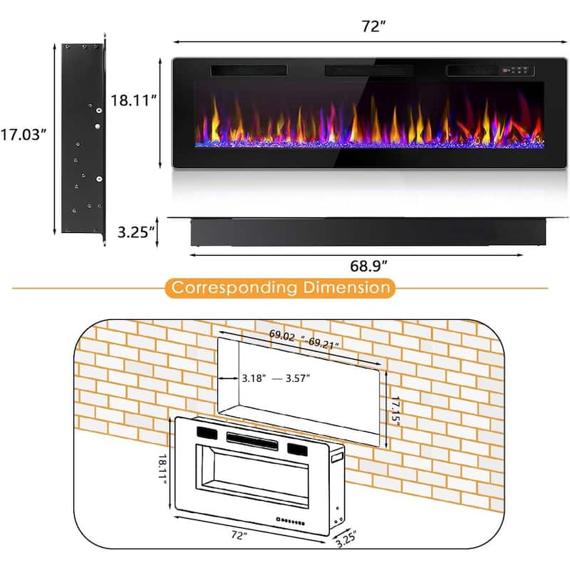 BOSSIN Electric Fireplace - Recessed or Wall Mounted Heater, 750/ 1500W, Adjustable Flame, Remote & Touch Control, Timer