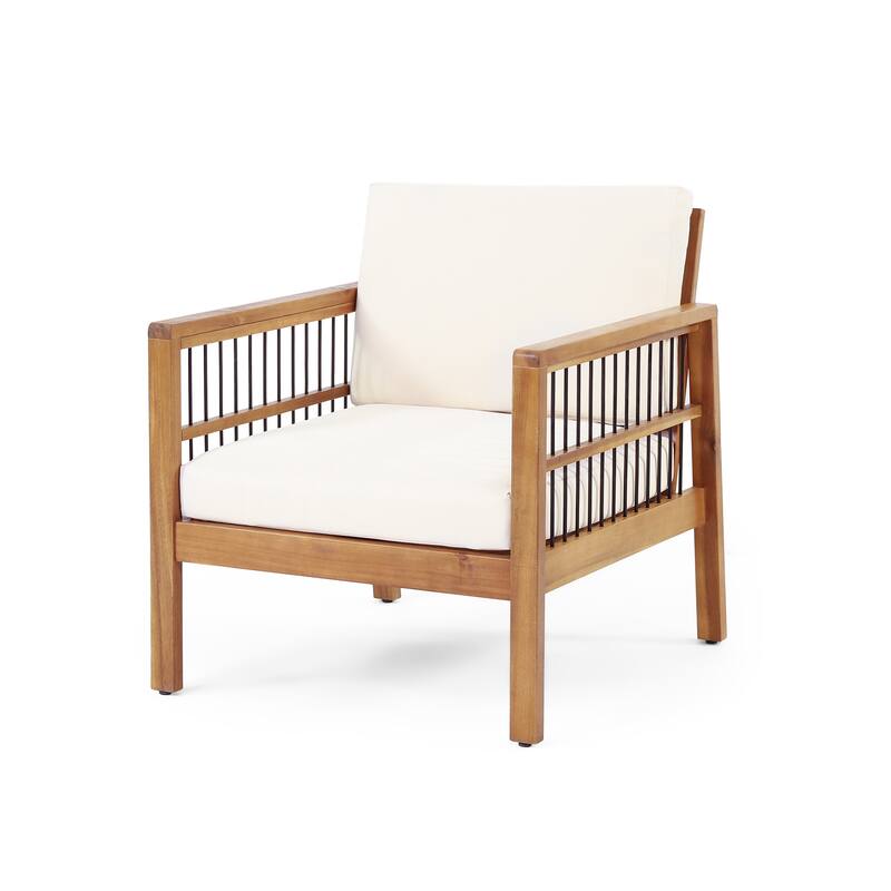 Roomfitters Acacia Wood and Wicker Outdoor Club Chair with Deep Seating and Cushion for Porch or Garden, Teak+Beige