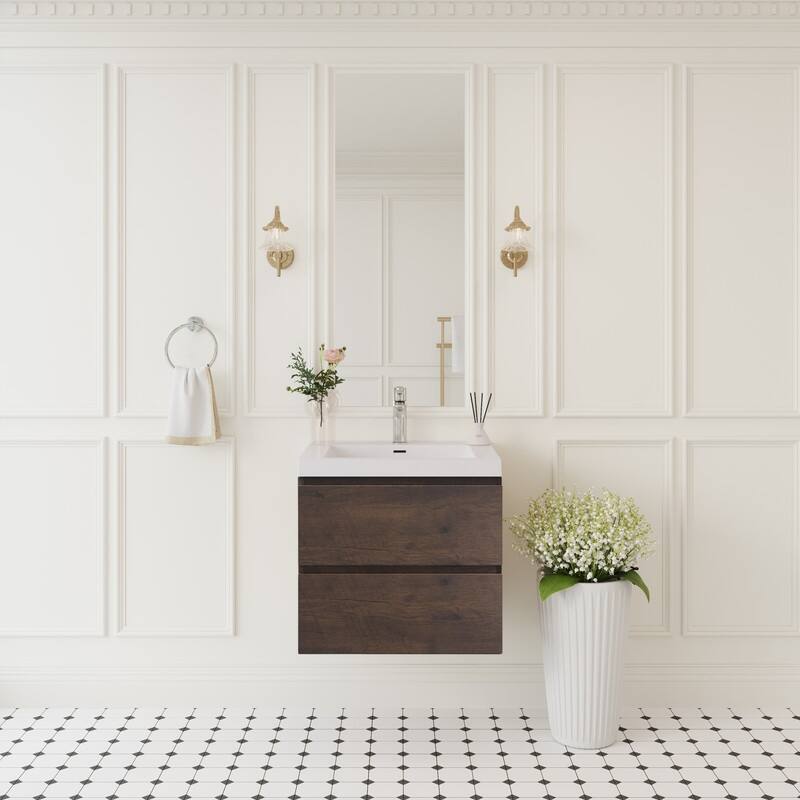 ABRUZZO 24" Floating Single Bathroom Vanity Wall-Mounted with Integrated Resin Top Basin 2 Soft Close Drawers Full Assembly - Rosewood