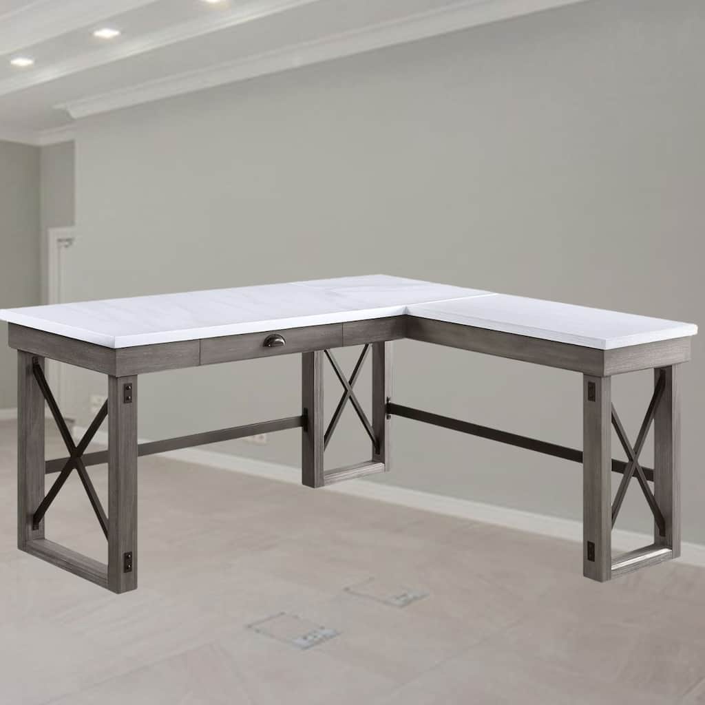 Elegant L-Shaped Writing Desk with Lift-Top Storage, Spacious Drawer & Marble Finish for Corner Workspaces