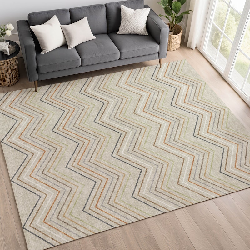Machine Washable Indoor/ Outdoor Modern Chevron Chantille Rug