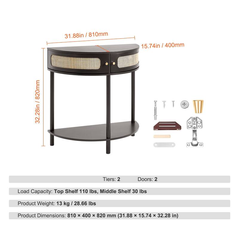 Half-Moon Rattan Console Table with Drawers & Sliding Door - 31.88 x 15.74 x 32.28 inch
