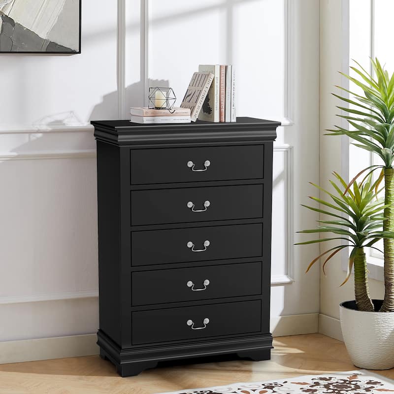 48" Tall Modern Black Solid Wood 5-drawer Storage Chest