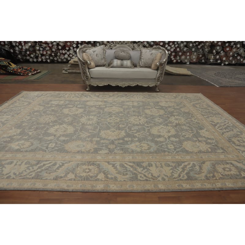 All-Over Gray Floral Oushak Vegetable Dye Large Rug, Floral Geometric Carpet - 13' 10'' X 10' 1''