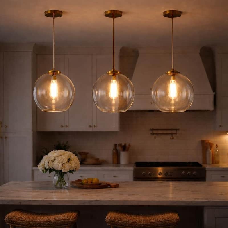 Rexe Satin Brass Pendant with Clear Glass Dome Shade - Clear Glass