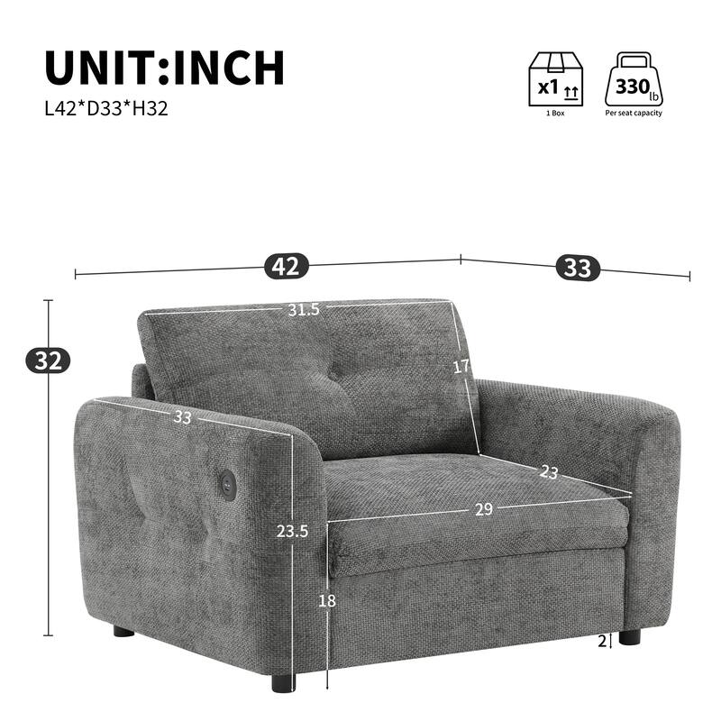 42*33" Single Sofa, Armchair with Wide Seat, Dual-port Charger, Pull-line & Tufted Design, High-density Foam