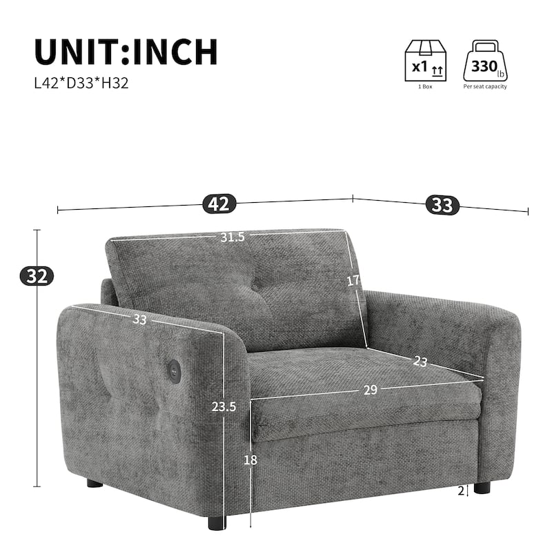 Anmytek Cozy Plush Chenille 42 Inch x 33 Inch Single Armchair Wide Seat with Dual-port Charger Tufted Design