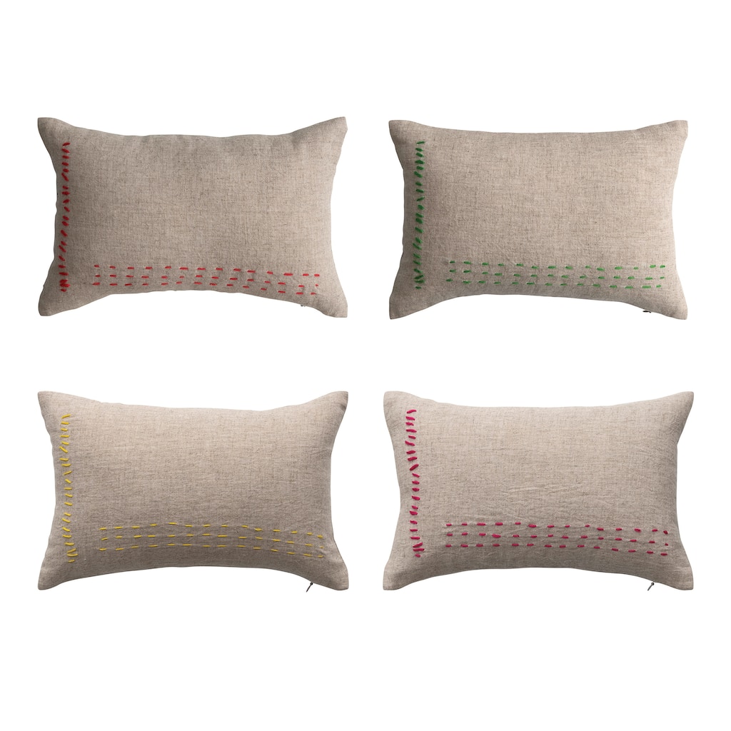 14" Linen Blend Mini Lumbar Pillow with Line Stitch Design