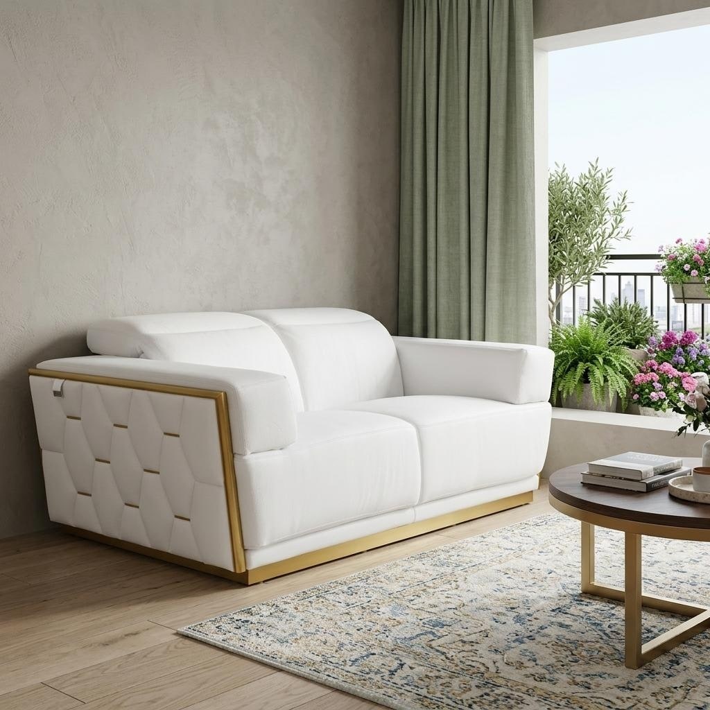 HomeRoots 70" White And Silver Italian Leather Loveseat - 70.00 in. x 40.00 in. x 43.00 in.