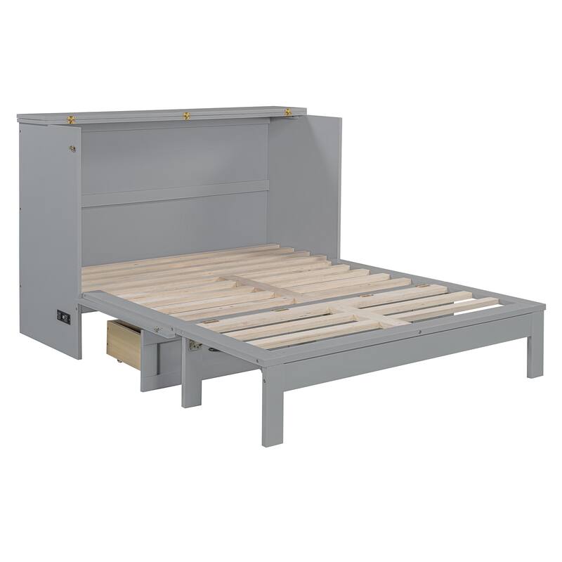 Full Size Murphy Bed Cabinet with Charging Station & A Large Drawer, Foldable Pull Out Wall Bed for Apartments, Bedrooms, Studio