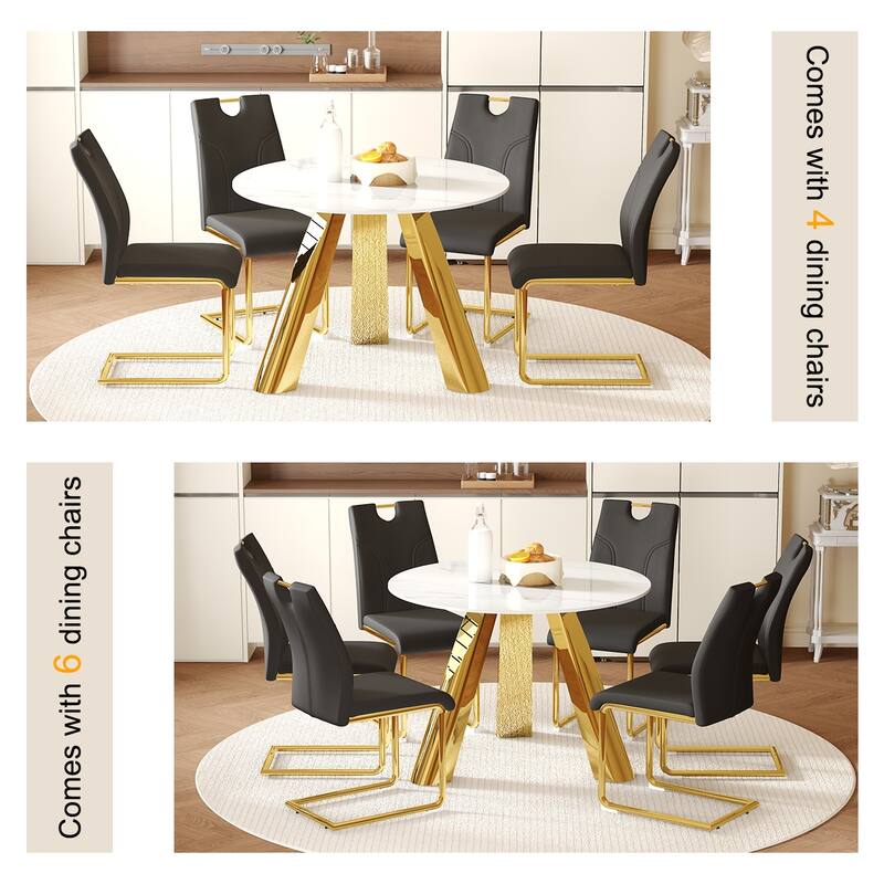 42" Modern Luxury Round Sintered Stone Dining Set Gold Metal Base + 4 Black PU Upholstered Chairs Elegant Contemporary C