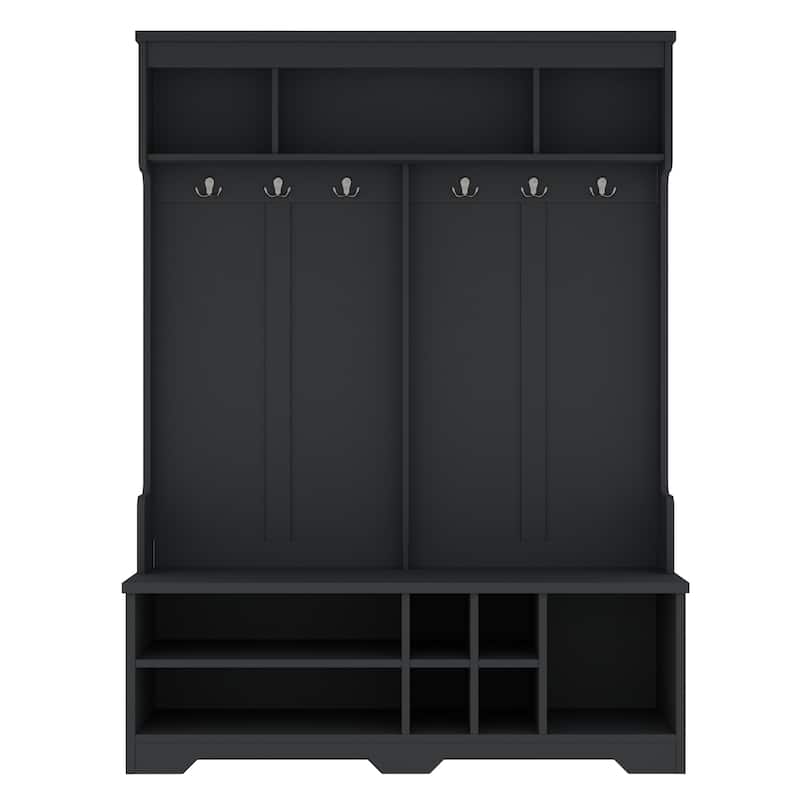 Modern Hallway Hall Tree with Metal Hooks and Storage Space, Multi-Functional Entryway Coat Rack with Shoe Cubbies