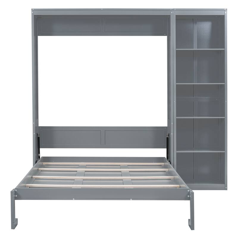Space-Saving Queen Size Wall Bed with Shelves and Flexible Slats, Gray