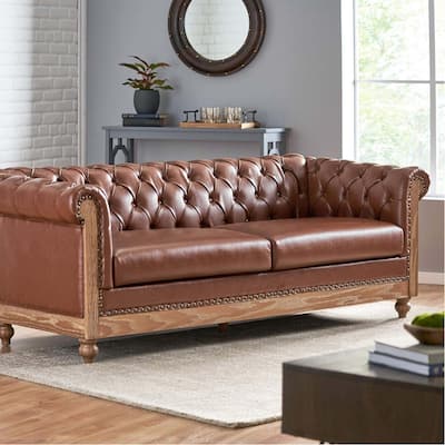 3-Seat Sofa with Wooden Legs, Retro Style, Light Brown PU for Living Room and Study