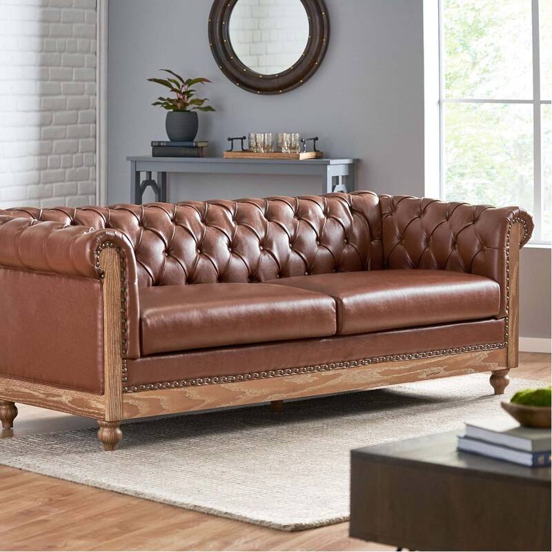 78.75" Retro PU 3-Seater Sofa with Wooden Legs - Light Brown