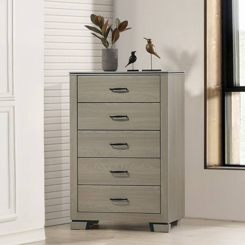 Sleek Gray Five-Drawer Storage Chest, Modern Wooden Bedroom Furniture