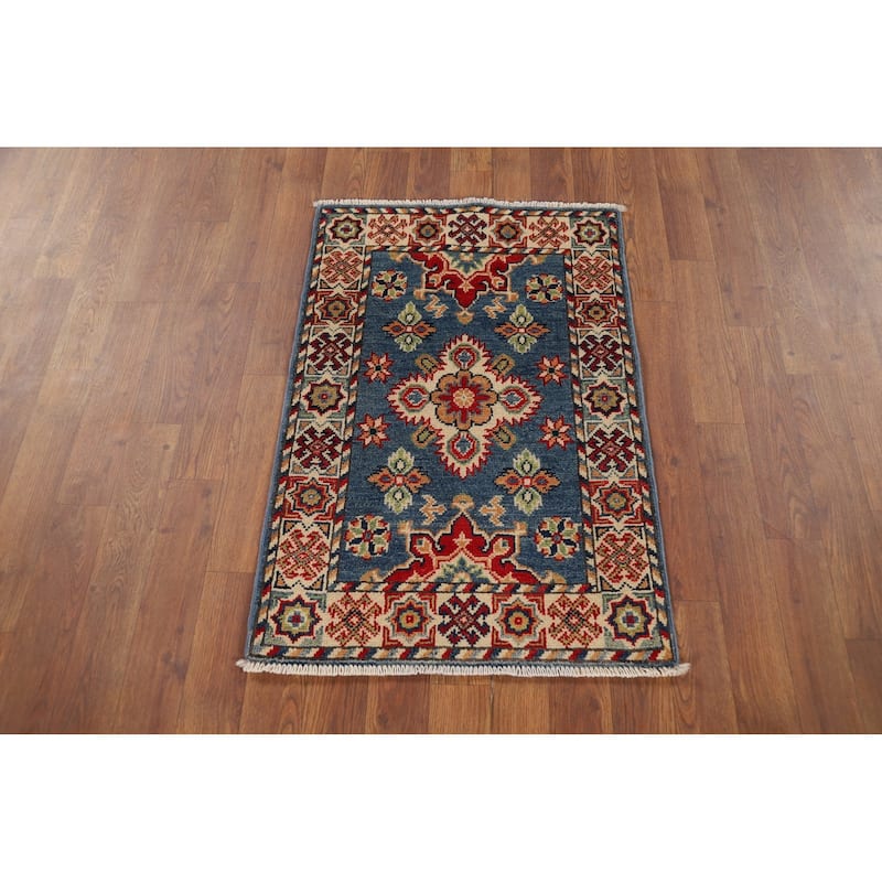 Hand Knotted Oriental 100% Wool Carpet Traditional Geometric Navy Blue & Blues Kazak Area Rug - 2' 11'' X 1' 11''