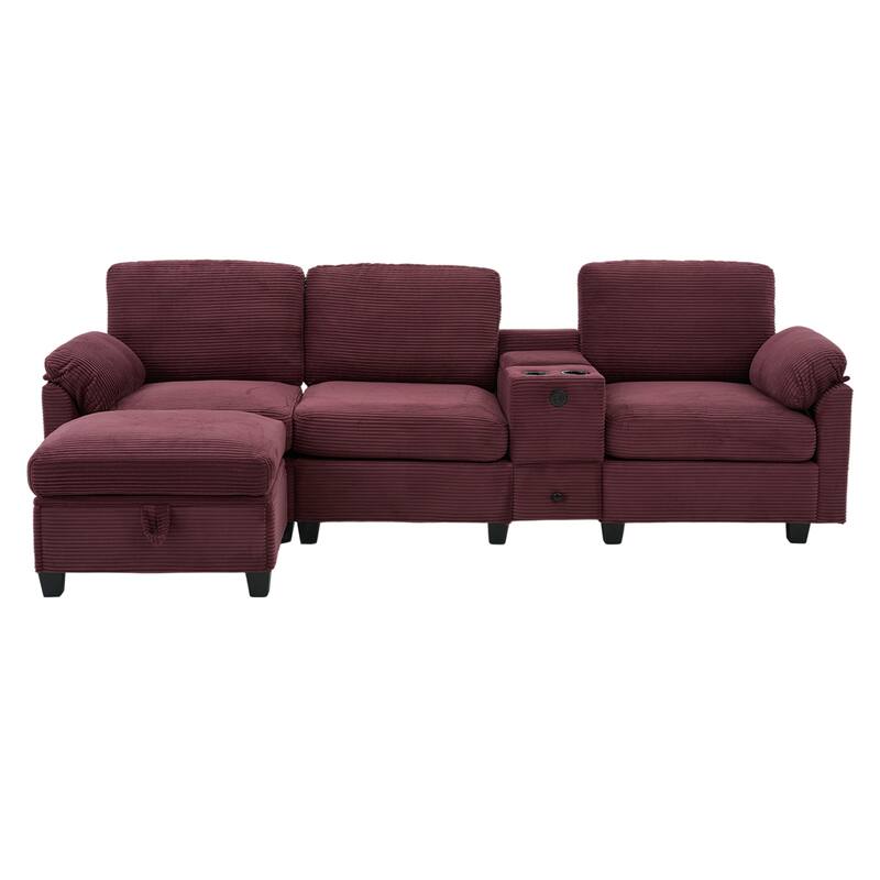 HOMEFUN Corduroy Upholstered L-Shaped 4-seater Storage Multifunctional Sectional Sofa with Storage Ottoman,Cup Holder and USB