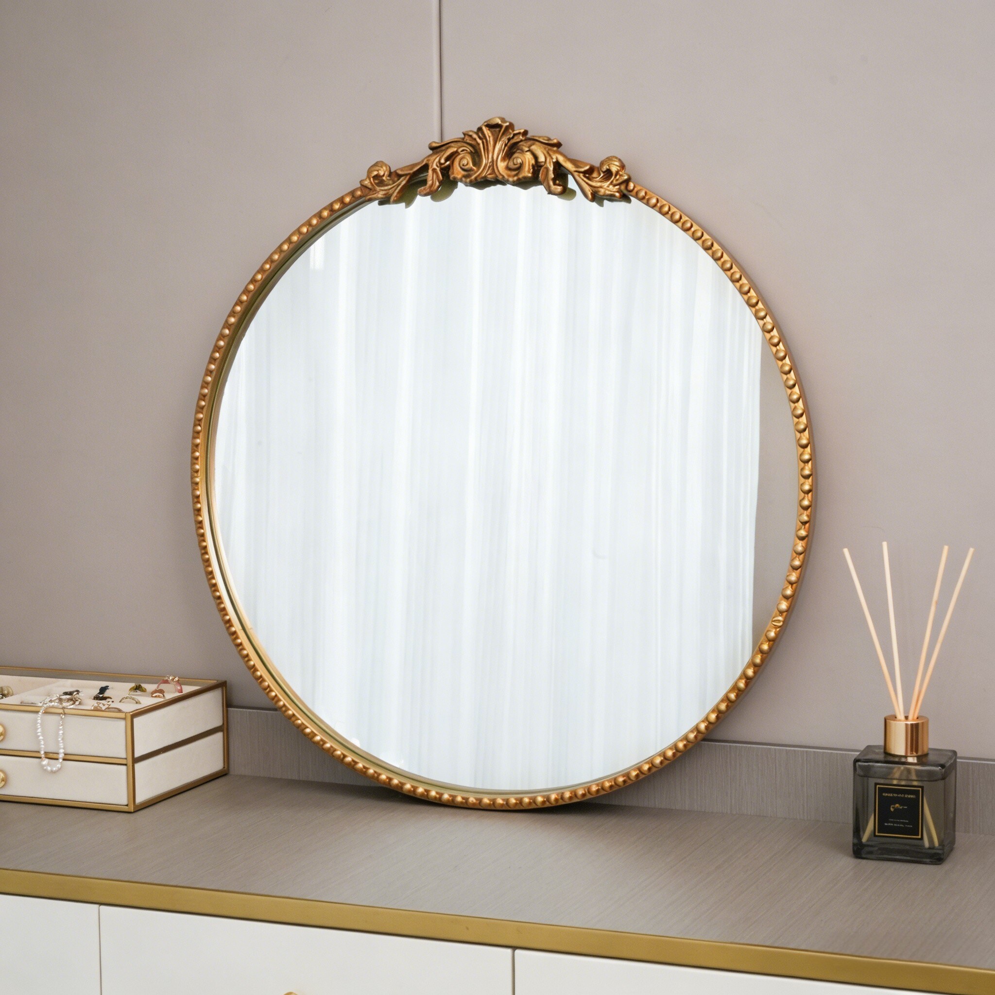 24-inch round metal carved wall mirror, gold or black vintage