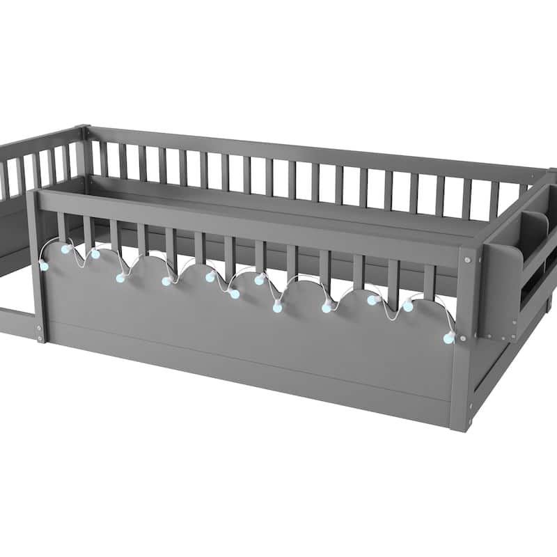GDF Studio - Ellington Twin Montessori Floor Bed with High Rails, LED Light, and Storage Shelf