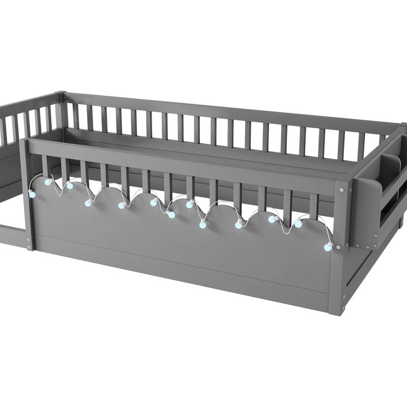 Montessori Floor Bed Frame with High Rails, Wood Toddler Floor Bedframe with Light and Headboard Storage Shelf for Kids Room