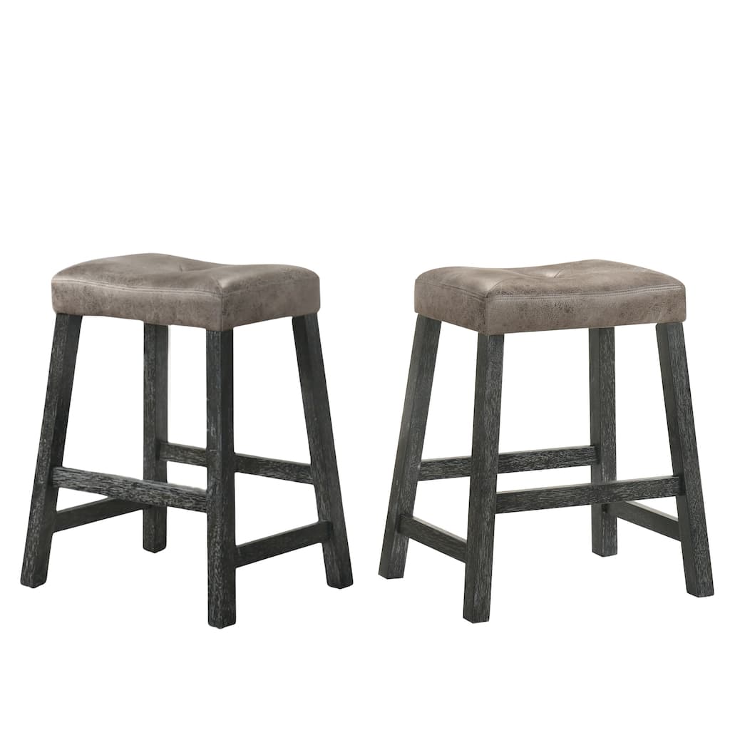 Rustic Backless Counter Stool Set of 2 - with Leather Seat, Distressed Finish & Sturdy Frame - for Kitchen & Bar