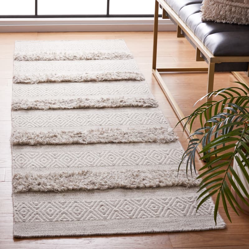 SAFAVIEH Handmade Vermont Adriane Rustic Boho Stripe Wool Rug - 2'3" x 8' Runner - Beige/Grey