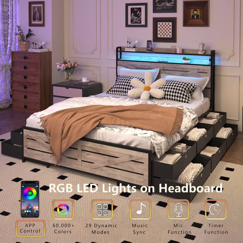 Full-size bed frame with storage headboard and 12 drawers with LED lights