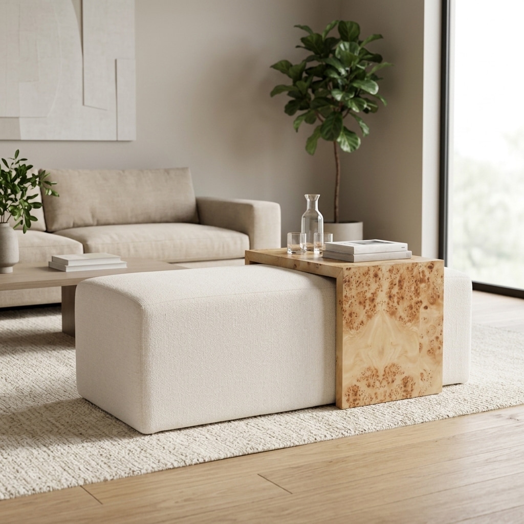 Upholstered Bench with Wood Accent - 53", Ivory