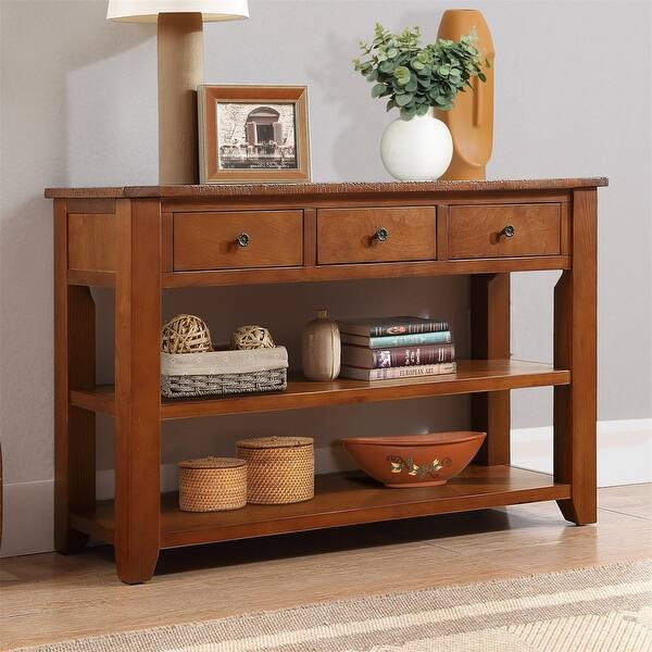 48'' Solid Pine Wood Top Console Table with 3 Storage Drawers Bed
