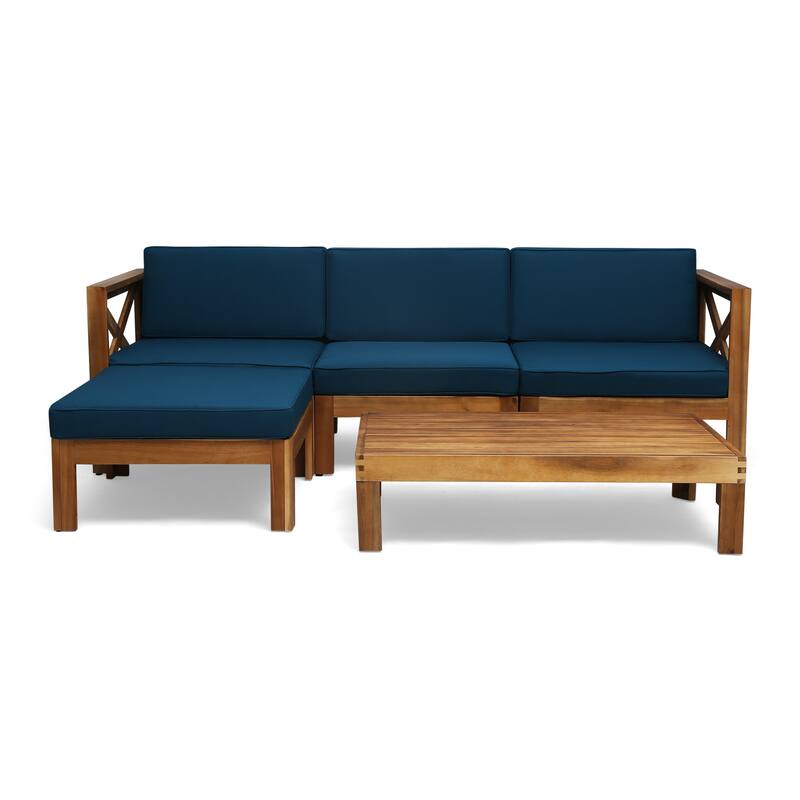 3 Piece Outdoor L-Shape Sofa Set, All-Weather Acacia Wood Conversation Furniture Set with Ottoman and Coffee Table