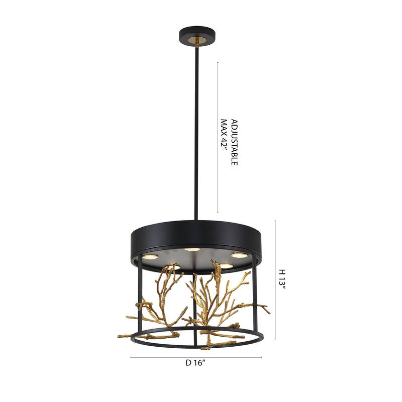 5-Light Matte Black Pendant With Gold Branch Accents